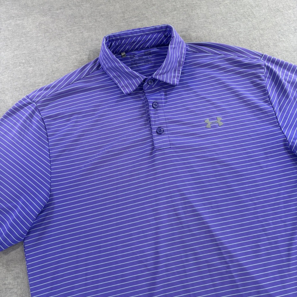 Under Armour Mens XL Purple Striped HeatGear Short Sleeve Golf Polo Shirt